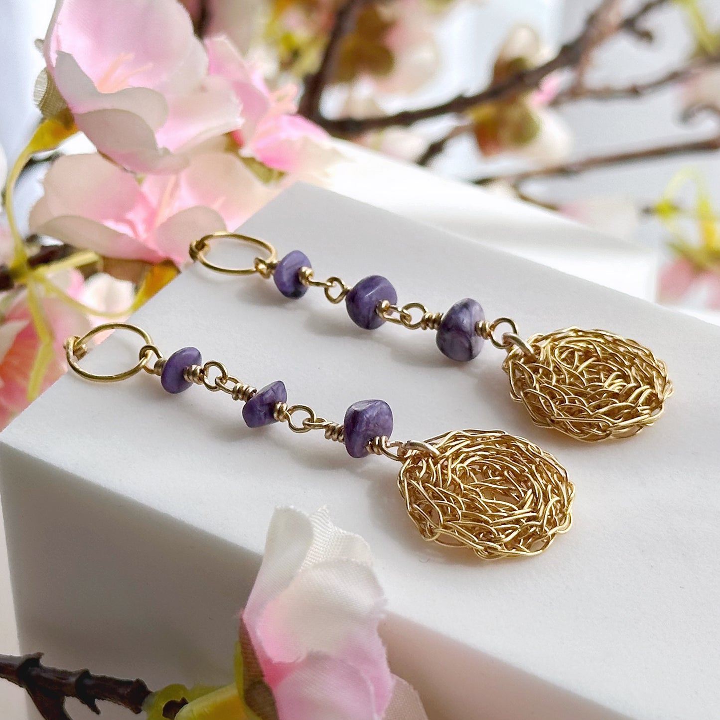 Belamora, Charoite Gemstone, Cosmic Medallion Earrings