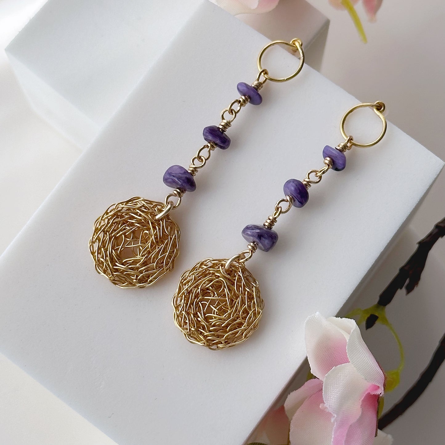 Belamora, Charoite Gemstone, Cosmic Medallion Earrings